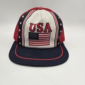 Vintage USA‎ Hat Cap Snap Back Red White Blue Mesh Trucker Patriotic Mens 80s